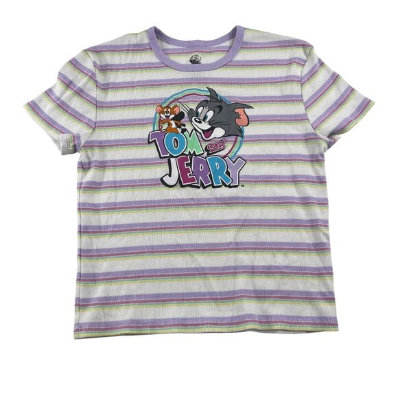 Tom & Jerry Graphic Striped T-Shirt XL Women's Purple White - Picture 1 of 4
